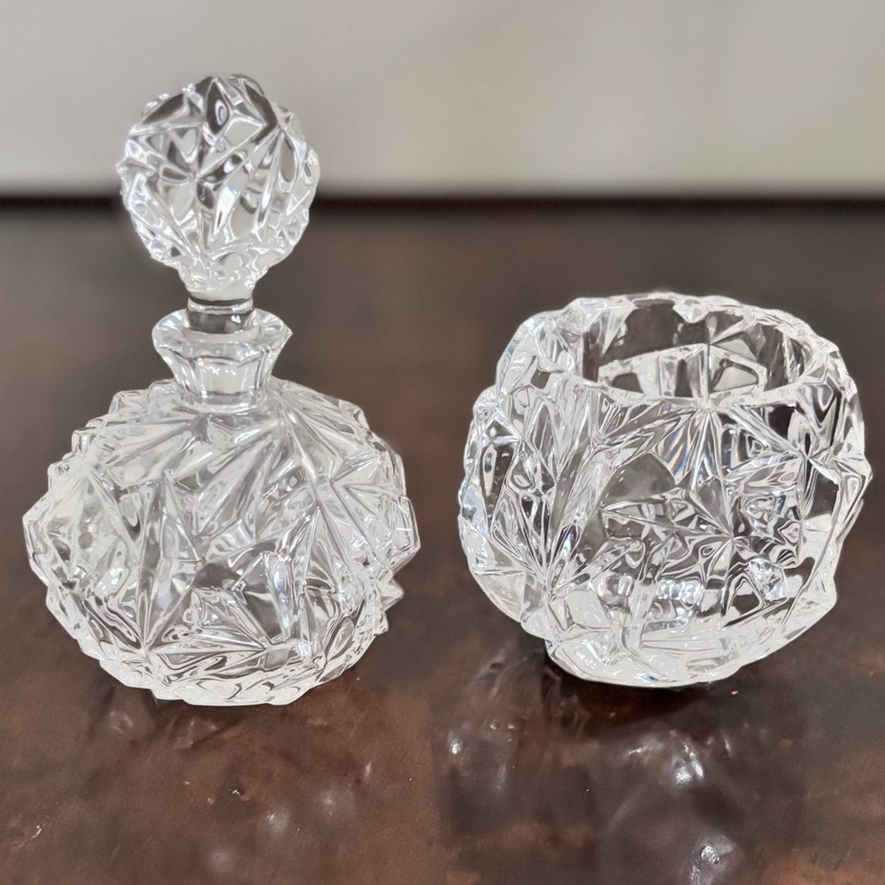 Tiffany & Co. Rock Cut Crystal Perfume Bottle & Candle Holder Set